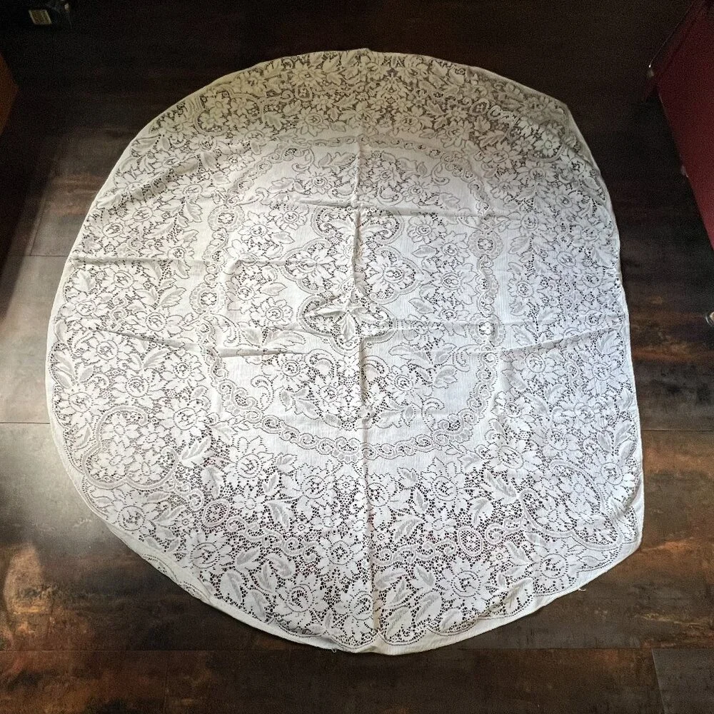 Vintage White Eyelet Lace Round Tablecloth with One Flat Edge, 70.5